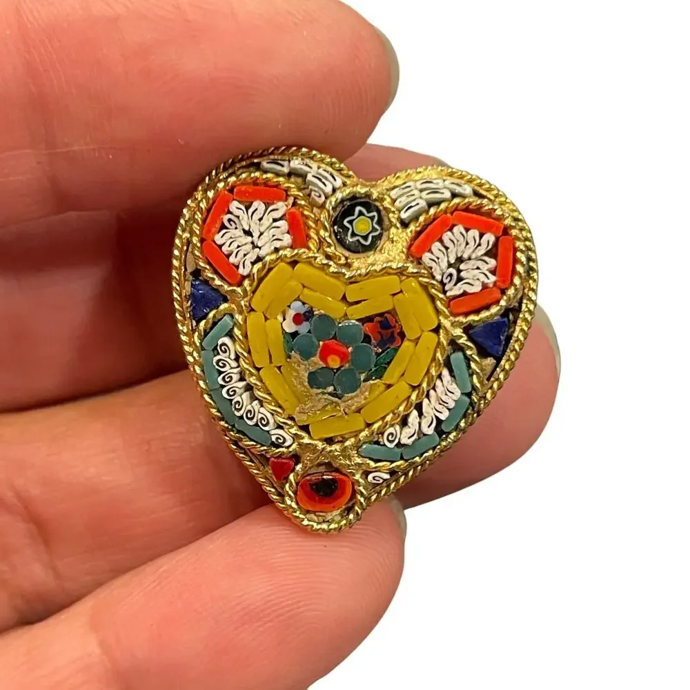 Vintage Italian micro mosaic heart brooch 1970's boho gold tone pin jewelry